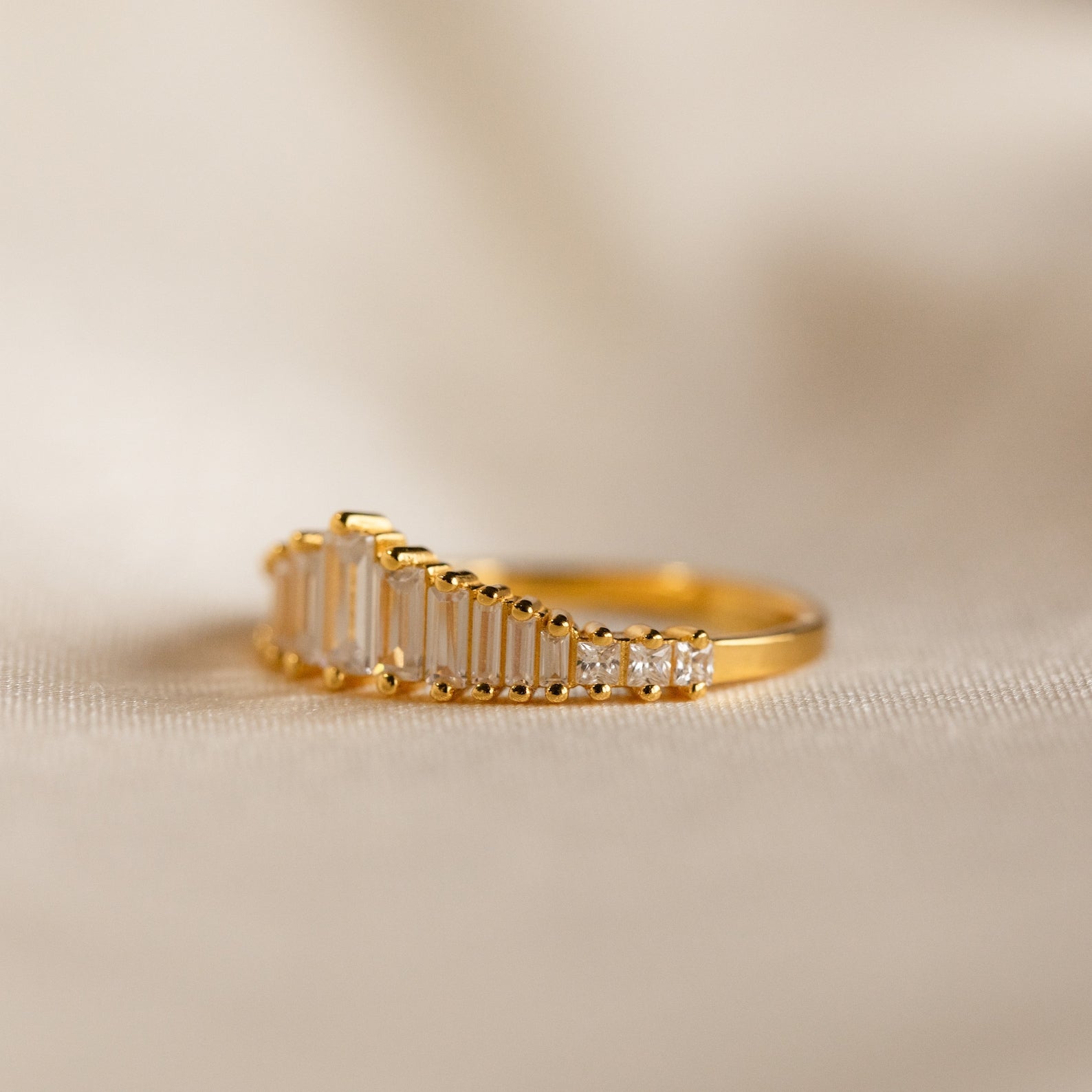 Art Deco Diamond Chandelier Ring, an 18K gold plated sterling silver ring featuring CZ diamonds in a cascading chandelier silhouette, evoking the opulence of the Roaring Twenties